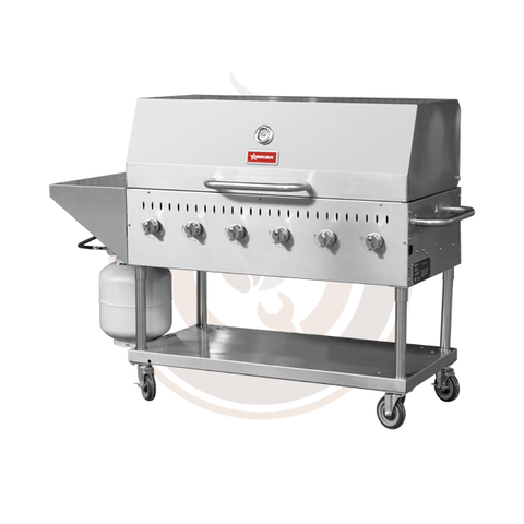 Omcan Stainless Steel Propane Outdoor BBQ Grill, 6 Burners, 96000BTU, Top And Side Shelf, 1 Roll Dome - 47841