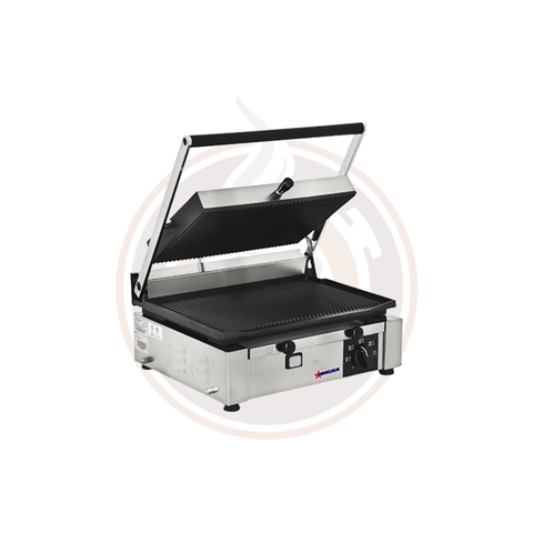 Omcan Elite Series 10" x 14" Single Panini Grill with Top and Bottom Grooved Grill Surface - 11377