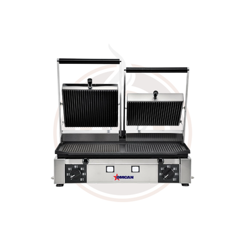 Omcan Elite Series 10" x 19" Double Panini Grill with Ribbed Top and 1/2 Grooved and Smooth Bottom Grill Surface - 11380