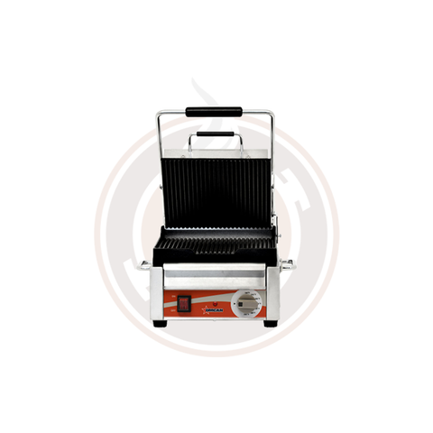 Omcan 10" x 11" Single Panini Grill with Grooved Top and Bottom Grill Surface - I - 19935