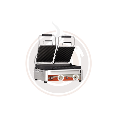 Omcan 10" x 18" Double Panini Grill with Top and Bottom Grooved Grill Surface - 19937