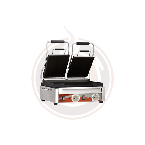 Omcan 10" x 18" Double Panini Grill with Top and Bottom Smooth Grill Surface - 21466