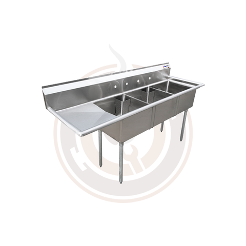 Omcan SS Sinks - 24" x 24" x 14" Three Tub Sink / Left Drain Board - 25259 / 43786