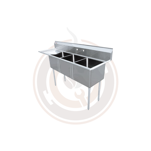 Omcan SS Sinks - 18" x 21" x 14" Three Tub Sink / Left Drain Board - 25271 / 43775