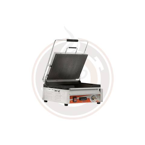Omcan 12" x 15" Single Panini Grill with Grooved Top and Bottom Grill Surface with Timer - 42912