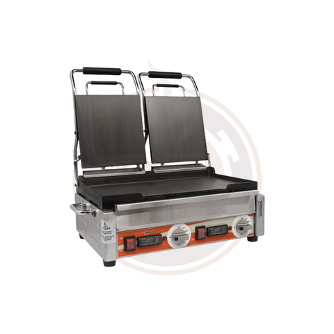 Omcan 10" x 18" Double Panini Grill with Top and Bottom Smooth Grill Surface with Timer - 42913