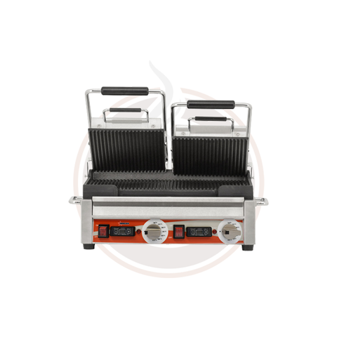 Omcan 10" x 18" Double Panini Grill with Top and Bottom Grooved Grill Surface with Timer - 42914
