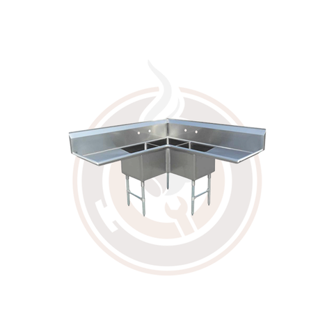 Omcan SS Sinks - 18" x 18" x 14" Three Tub Sink / Two Drain Board / Corner Sink - 43073