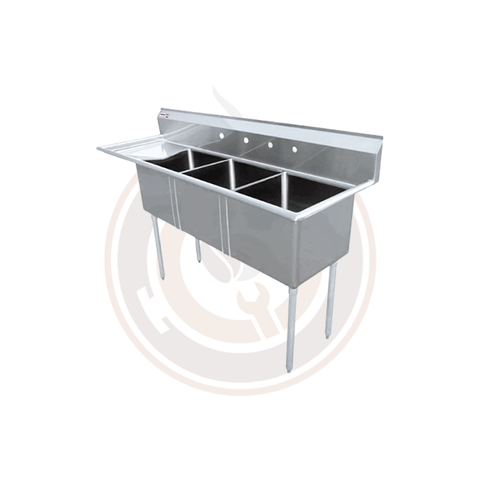 Omcan SS Sinks - 24" x 24" x 14" Three Tub Sink / Left Drain Board - 25259 / 43786