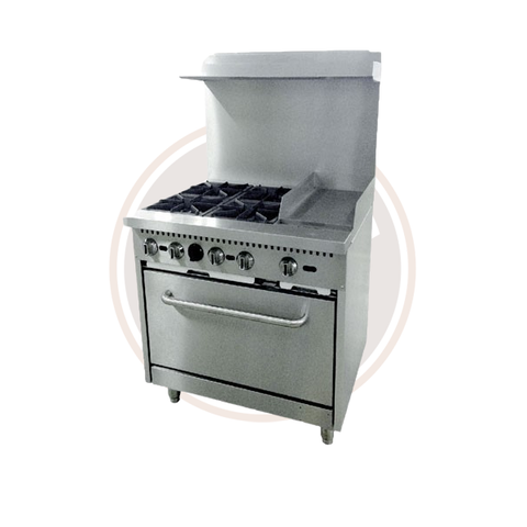 Omcan 36-inch Commercial Natural Gas Range with 4 Burners, 12-inch Griddle, and Oven - 46025