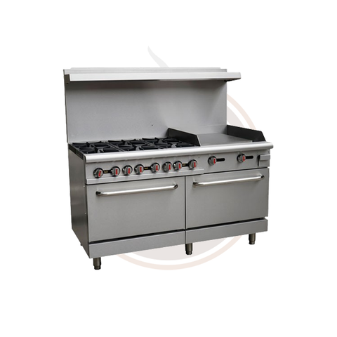 Omcan 60-inch Commercial Natural Gas Range with 6 Burners, 24-inch Griddle, and 2 Ovens - 46028