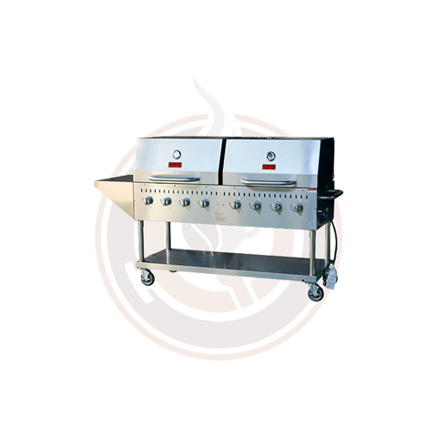Omcan Outdoor Propane BBQ Grill with 8 Burners With Top And Side Shelf and 2 Roll Dome - 47353