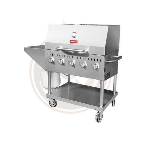 Omcan Stainless Steel Propane Outdoor BBQ Grill, 5 Burners, 80000BTU, Top And Side Shelf, 1 Roll Dome - 47840