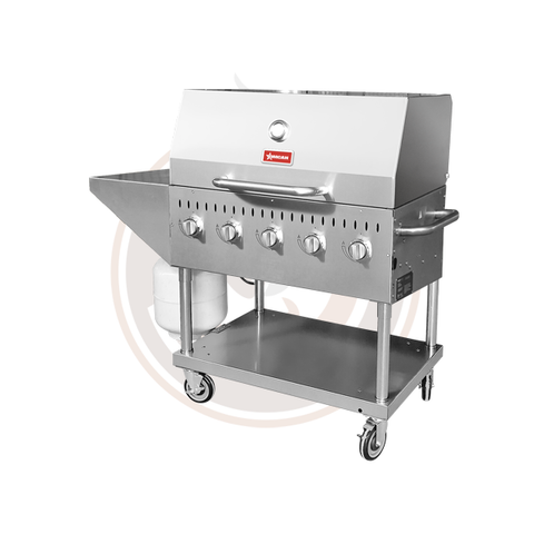 Stainless Steel Propane Outdoor BBQ Grill, 5 Burners, 80000BTU, Top And Side Shelf, 1 Roll Dome